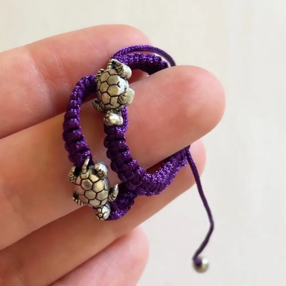 Turtle Purple Adjustable Bracelet Silver Tone Charm Children's Size Handmade